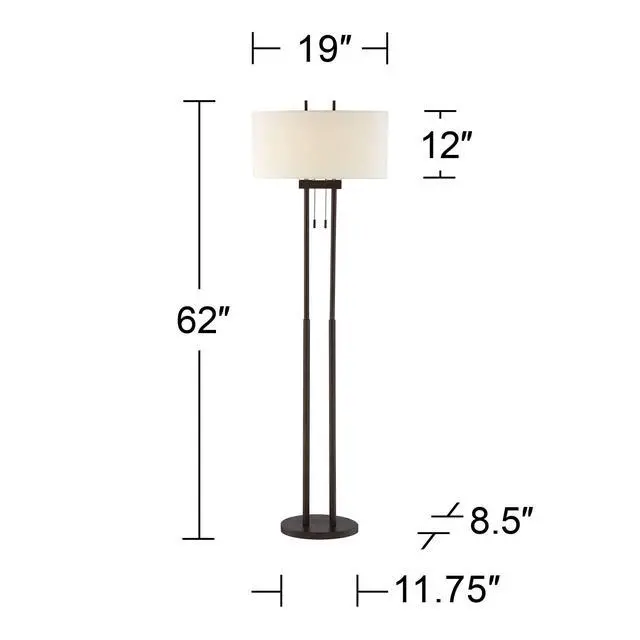 Alt view image 4 of 6 - Roscoe Modern Standing Floor Lamp 62" Tall Oil Rubbed Bronze Brown Twin Poles White Fabric Hardback Oval Shade Decor for Living Room Reading House Bedroom Office