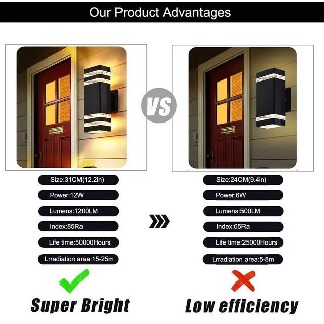 Alt view image 2 of 6 - 12Pack 12inch LED Square Up&Down Outdoor Wall Lights,4000K Day White 14W Outdoor Wall Light Aluminum Body Waterproof IP65 led Porch Wall Light for House Patio Garage Garden