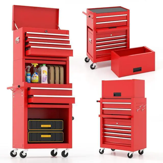 Main image of 2-in-1 Rolling Tool Chest with 5 Drawers, Heavy-Duty Metal Tool Box with Wheels, Detachable Top Tool Box & Rolling Tool Cabinet for Garage, DIY (6-Drawers Whith Middle Box, Red)