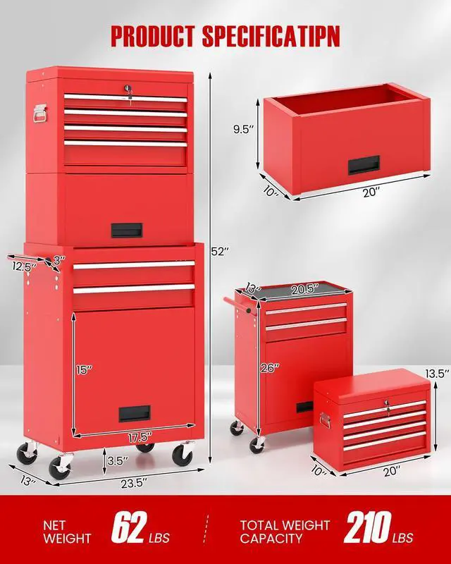 Alt view image 2 of 6 - 2-in-1 Rolling Tool Chest with 5 Drawers, Heavy-Duty Metal Tool Box with Wheels, Detachable Top Tool Box & Rolling Tool Cabinet for Garage, DIY (6-Drawers Whith Middle Box, Red)