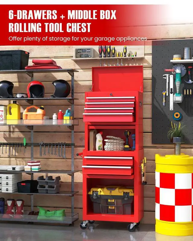 Alt view image 3 of 6 - 2-in-1 Rolling Tool Chest with 5 Drawers, Heavy-Duty Metal Tool Box with Wheels, Detachable Top Tool Box & Rolling Tool Cabinet for Garage, DIY (6-Drawers Whith Middle Box, Red)