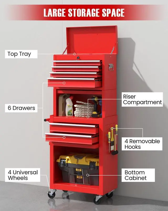 Alt view image 4 of 6 - 2-in-1 Rolling Tool Chest with 5 Drawers, Heavy-Duty Metal Tool Box with Wheels, Detachable Top Tool Box & Rolling Tool Cabinet for Garage, DIY (6-Drawers Whith Middle Box, Red)