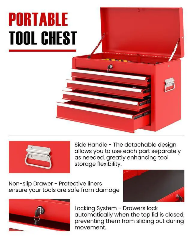 Alt view image 5 of 6 - 2-in-1 Rolling Tool Chest with 5 Drawers, Heavy-Duty Metal Tool Box with Wheels, Detachable Top Tool Box & Rolling Tool Cabinet for Garage, DIY (6-Drawers Whith Middle Box, Red)