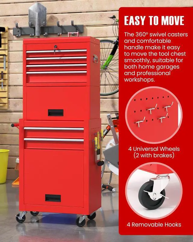Alt view image 6 of 6 - 2-in-1 Rolling Tool Chest with 5 Drawers, Heavy-Duty Metal Tool Box with Wheels, Detachable Top Tool Box & Rolling Tool Cabinet for Garage, DIY (6-Drawers Whith Middle Box, Red)