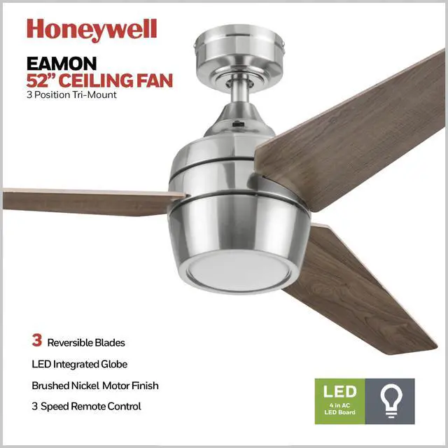 Alt view image 2 of 6 - Ceiling Fans Eamon Modern 52 Inch Ceiling Fan with Light, Remote Control Fan, LED Indoor Fan with 3 Blades, Brown Maple and Black Blade Finish Options, Brushed Nickel (50604-01)