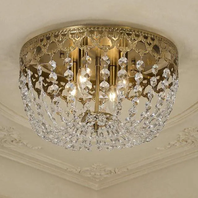 Main image of 15" Crystal Brass Ceiling Light Fixture, 4-Lights Vintage Gold Chandelier, Antique French Empire Lixture Fixture, E12 Bulbs