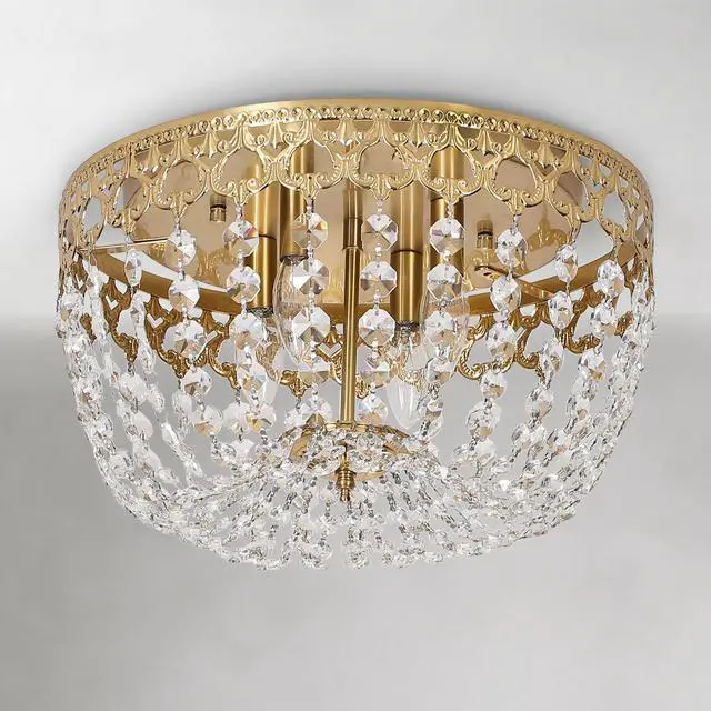 Alt view image 2 of 6 - 15" Crystal Brass Ceiling Light Fixture, 4-Lights Vintage Gold Chandelier, Antique French Empire Lixture Fixture, E12 Bulbs
