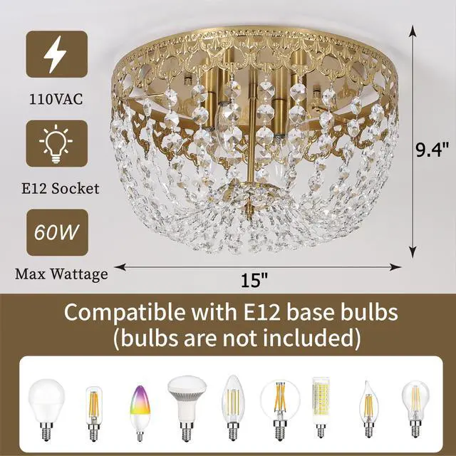 Alt view image 3 of 6 - 15" Crystal Brass Ceiling Light Fixture, 4-Lights Vintage Gold Chandelier, Antique French Empire Lixture Fixture, E12 Bulbs