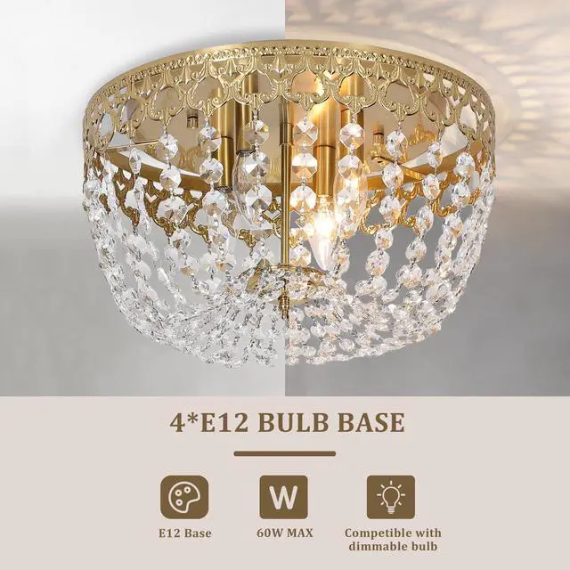 Alt view image 4 of 6 - 15" Crystal Brass Ceiling Light Fixture, 4-Lights Vintage Gold Chandelier, Antique French Empire Lixture Fixture, E12 Bulbs