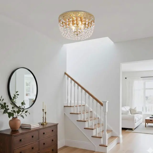 Alt view image 6 of 6 - 15" Crystal Brass Ceiling Light Fixture, 4-Lights Vintage Gold Chandelier, Antique French Empire Lixture Fixture, E12 Bulbs