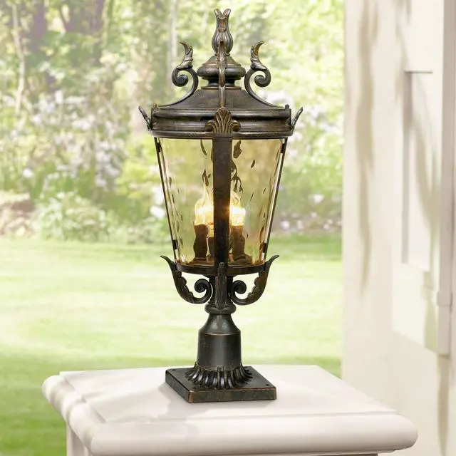 Main image of Marseille Rustic Industrial Post Light Pier Mount Fixture Veranda Bronze Scroll 27" Champagne Hammered Glass for Exterior House Porch Patio Outside Deck Garage Garden Walkway