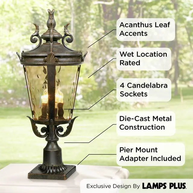 Alt view image 3 of 5 - Marseille Rustic Industrial Post Light Pier Mount Fixture Veranda Bronze Scroll 27" Champagne Hammered Glass for Exterior House Porch Patio Outside Deck Garage Garden Walkway