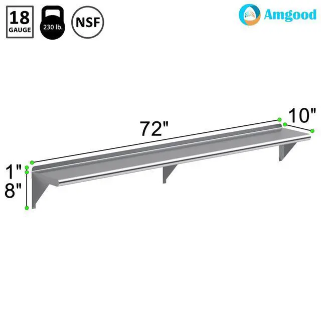 Alt view image 3 of 6 - 10 in. x 72 in. Stainless Steel Wall Shelf | NSF | Metal Shelving | Garage, Laundry, Storage, Utility Room | Restaurant, Commercial Kitchen