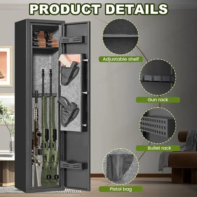 Alt view image 4 of 6 - 2-3 Gun Safe for Rifles and Pistols, Quick Access with Digital Keypad, Heavy Duty Cabinet with Removable Shelf and Pistol Pouch, No Assembly Required