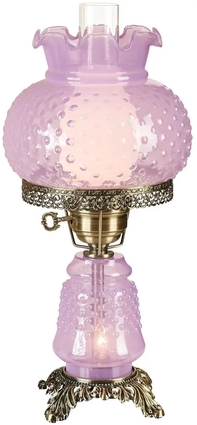 Main image of Mindy Orchid Hobnail Table Lamp, Vintage Handblown Glass | Antique Brass Accents, Frosted Chimney, 3-Way Lighting, 20.5" H, Traditional Classic Old-Fashioned