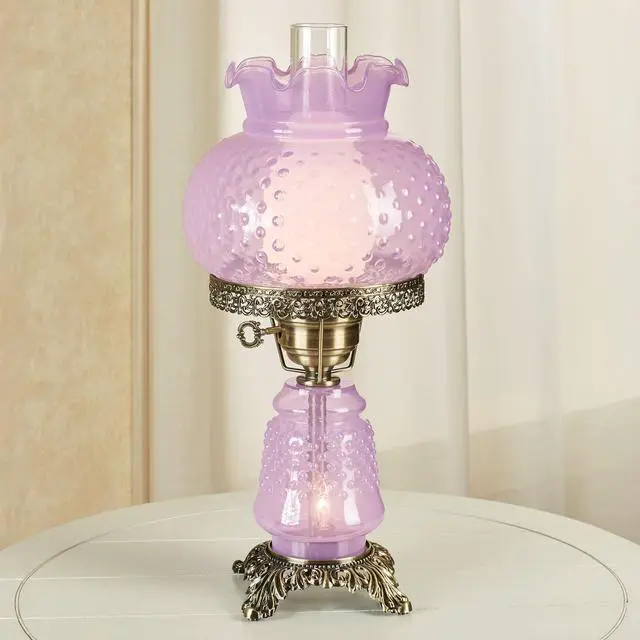 Alt view image 2 of 5 - Mindy Orchid Hobnail Table Lamp, Vintage Handblown Glass | Antique Brass Accents, Frosted Chimney, 3-Way Lighting, 20.5" H, Traditional Classic Old-Fashioned