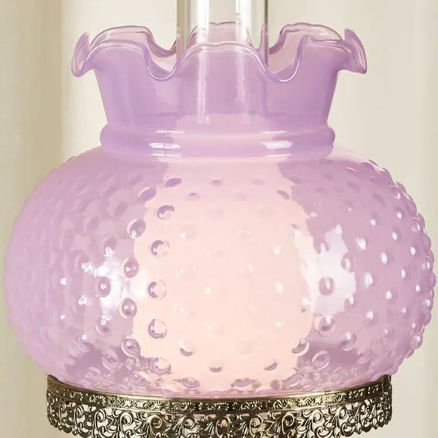 Alt view image 4 of 5 - Mindy Orchid Hobnail Table Lamp, Vintage Handblown Glass | Antique Brass Accents, Frosted Chimney, 3-Way Lighting, 20.5" H, Traditional Classic Old-Fashioned