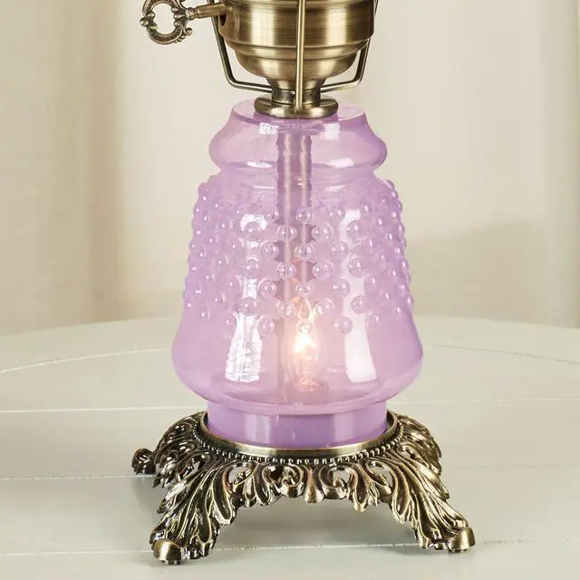 Alt view image 5 of 5 - Mindy Orchid Hobnail Table Lamp, Vintage Handblown Glass | Antique Brass Accents, Frosted Chimney, 3-Way Lighting, 20.5" H, Traditional Classic Old-Fashioned