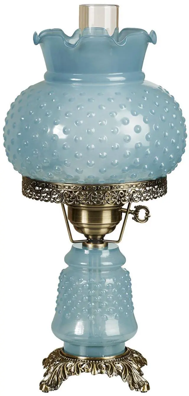 Main image of Mindy Hobnail Table Lamp, Vintage Handblown Glass, Blue | Antique Brass Accents, Frosted Chimney, 3-Way Lighting, 20.5" H, Traditional Classic Old-Fashioned Parlor Lighting
