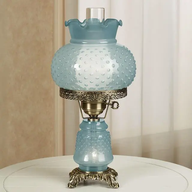 Alt view image 2 of 5 - Mindy Hobnail Table Lamp, Vintage Handblown Glass, Blue | Antique Brass Accents, Frosted Chimney, 3-Way Lighting, 20.5" H, Traditional Classic Old-Fashioned Parlor Lighting