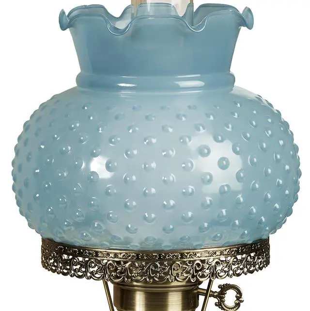 Alt view image 4 of 5 - Mindy Hobnail Table Lamp, Vintage Handblown Glass, Blue | Antique Brass Accents, Frosted Chimney, 3-Way Lighting, 20.5" H, Traditional Classic Old-Fashioned Parlor Lighting