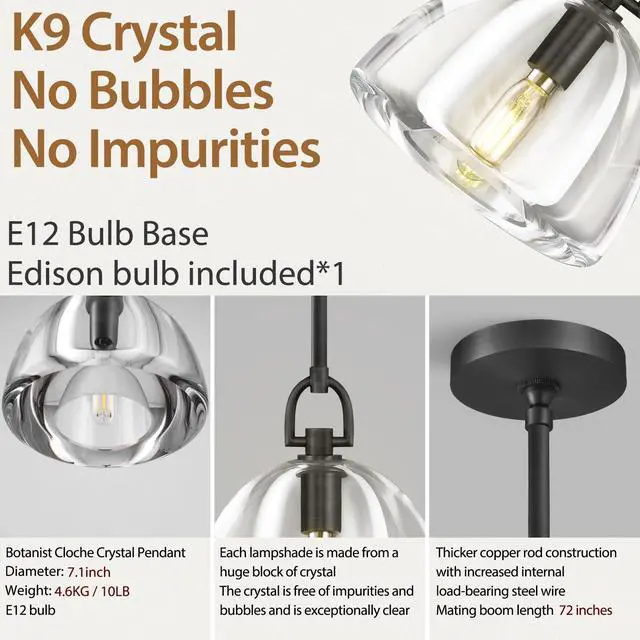 Alt view image 4 of 6 - Botanist Crystal Dome Black Pendant Light,7" Crystal Modern Black Pendant Lights Kitchen Island, Hanging Crystals Dome Pendant, Farmhouse Kitchen Pendant Lighting Over Island,E12 Bulb Included