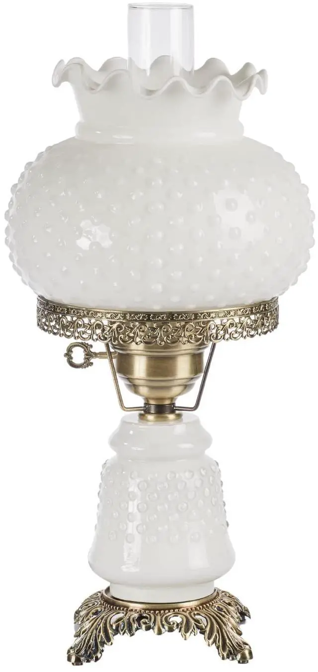 Main image of Mindy Hobnail Glass Table Lamp, White Shade | Handcrafted Globe, Blown by Hand, Hurricane Chimney Style, Victorian Design, 3-Way Lighting, 20.5" H
