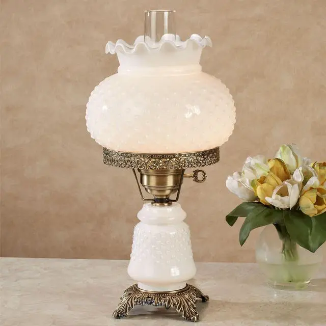 Alt view image 2 of 5 - Mindy Hobnail Glass Table Lamp, White Shade | Handcrafted Globe, Blown by Hand, Hurricane Chimney Style, Victorian Design, 3-Way Lighting, 20.5" H