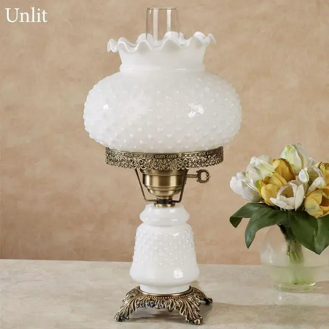 Alt view image 3 of 5 - Mindy Hobnail Glass Table Lamp, White Shade | Handcrafted Globe, Blown by Hand, Hurricane Chimney Style, Victorian Design, 3-Way Lighting, 20.5" H