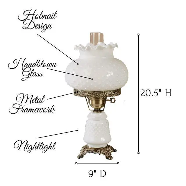 Alt view image 4 of 5 - Mindy Hobnail Glass Table Lamp, White Shade | Handcrafted Globe, Blown by Hand, Hurricane Chimney Style, Victorian Design, 3-Way Lighting, 20.5" H