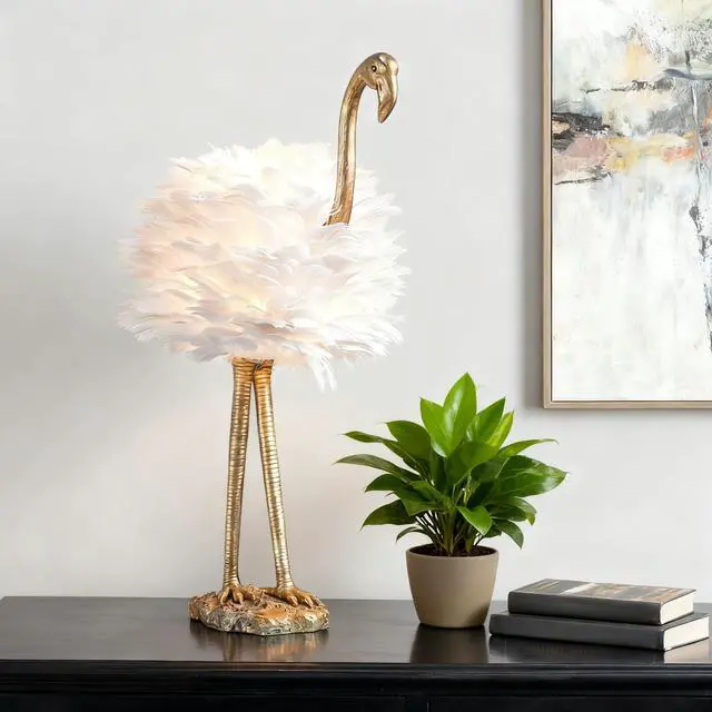 Main image of Flamingo Table Lamp, 29.5" Gold Resin Feather Lamp | White Feather, Coastal Decorative Animal, Nightstands, Bedside, Seaside Tables, Bedroom, Living Room, Giftable Home Decor