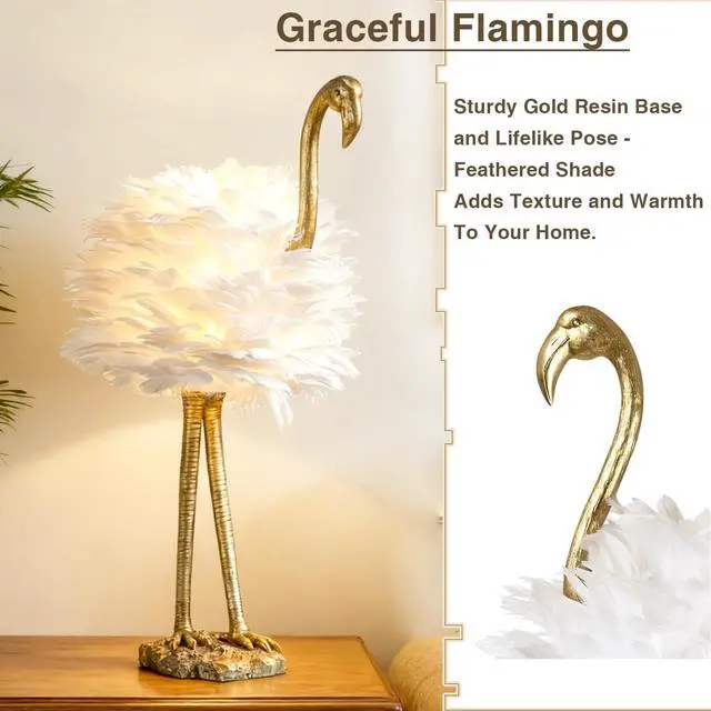 Alt view image 2 of 6 - Flamingo Table Lamp, 29.5" Gold Resin Feather Lamp | White Feather, Coastal Decorative Animal, Nightstands, Bedside, Seaside Tables, Bedroom, Living Room, Giftable Home Decor