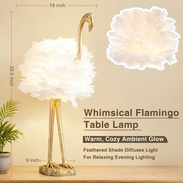 Alt view image 3 of 6 - Flamingo Table Lamp, 29.5" Gold Resin Feather Lamp | White Feather, Coastal Decorative Animal, Nightstands, Bedside, Seaside Tables, Bedroom, Living Room, Giftable Home Decor