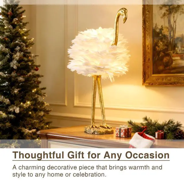 Alt view image 4 of 6 - Flamingo Table Lamp, 29.5" Gold Resin Feather Lamp | White Feather, Coastal Decorative Animal, Nightstands, Bedside, Seaside Tables, Bedroom, Living Room, Giftable Home Decor