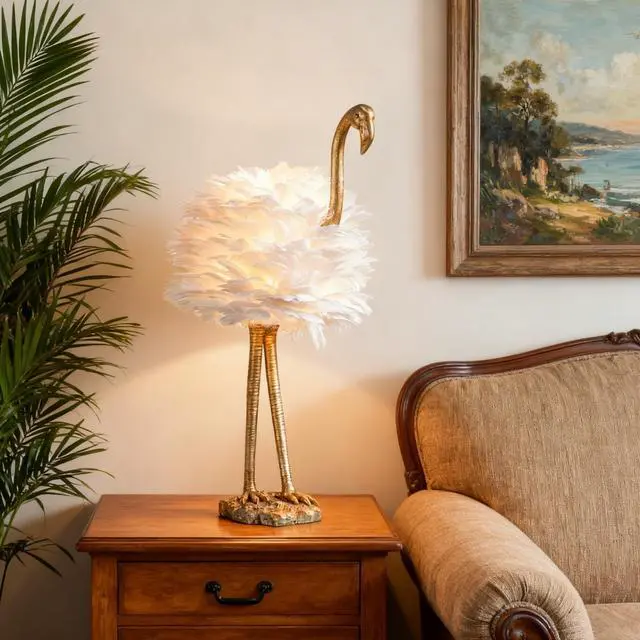 Alt view image 5 of 6 - Flamingo Table Lamp, 29.5" Gold Resin Feather Lamp | White Feather, Coastal Decorative Animal, Nightstands, Bedside, Seaside Tables, Bedroom, Living Room, Giftable Home Decor