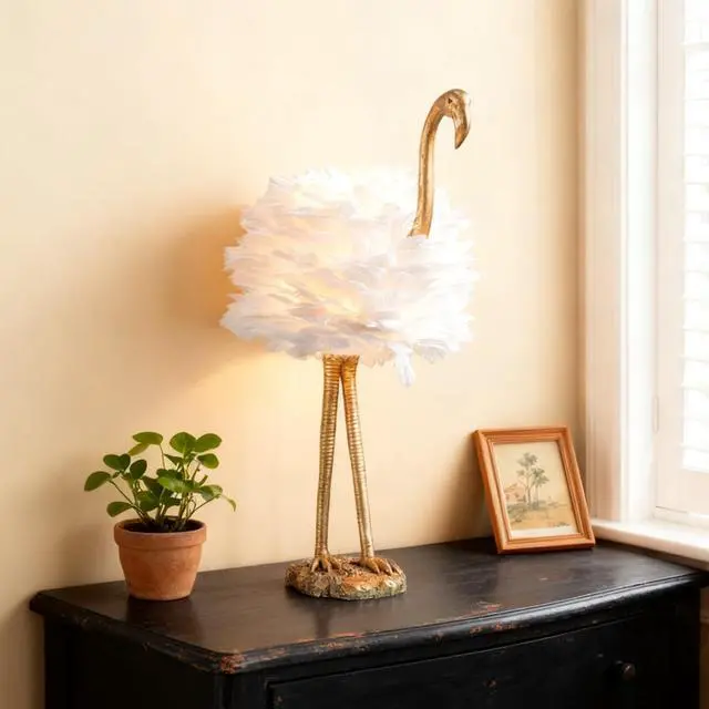 Alt view image 6 of 6 - Flamingo Table Lamp, 29.5" Gold Resin Feather Lamp | White Feather, Coastal Decorative Animal, Nightstands, Bedside, Seaside Tables, Bedroom, Living Room, Giftable Home Decor