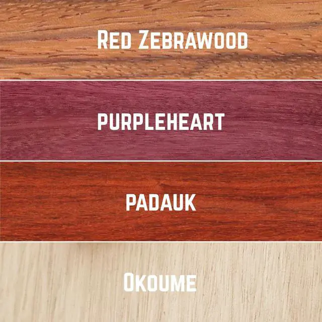 Alt view image 3 of 4 - Imported Exotic Hardwood Variety Pack - Red Zebrawood, Purpleheart, Padauk, Okoume - 3/4" x 2" (8 Pcs) (3/4" x 2" x 48")
