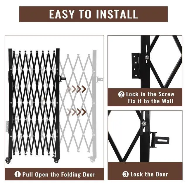 Alt view image 3 of 6 - Single Folding Security Door, 85 in H x 95 in W Portable Flexible Expandable Fence Gate, Steel Accordion Security Gate with 360°Rolling Wheel - Ideal for Courtyards, Garages, Gardens
