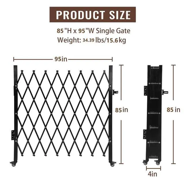 Alt view image 4 of 6 - Single Folding Security Door, 85 in H x 95 in W Portable Flexible Expandable Fence Gate, Steel Accordion Security Gate with 360°Rolling Wheel - Ideal for Courtyards, Garages, Gardens