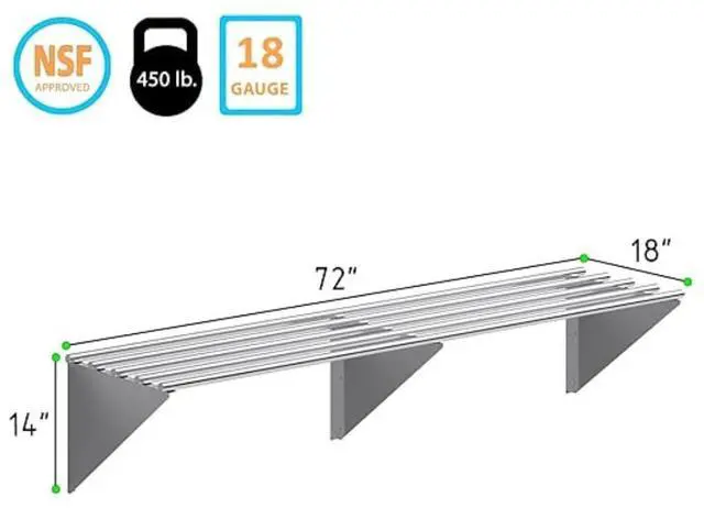 Alt view image 3 of 5 - Premium Stainless Steel Tubular Wall Shelf 72" L x 18" D | NSF Certified | Extra-Large Appliance & Equipment Shelf for Kitchen, Restaurant, Garage, Utility Room