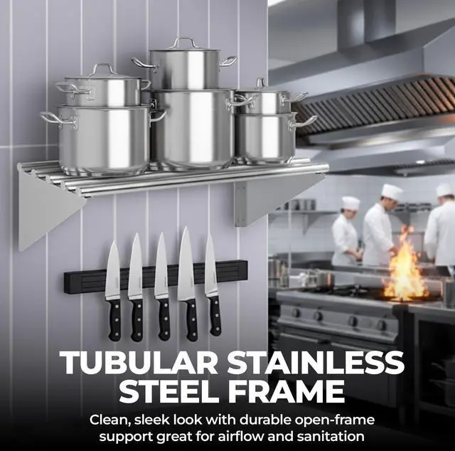 Alt view image 5 of 5 - Premium Stainless Steel Tubular Wall Shelf 72" L x 18" D | NSF Certified | Extra-Large Appliance & Equipment Shelf for Kitchen, Restaurant, Garage, Utility Room