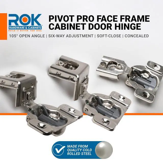 Alt view image 2 of 6 - 100 Pack Hardware 105-Degree Opening Angle 7/16" (11mm) Overlay Screw-On 2-Cam, 6 Way Adjustable Soft-Close Face Frame Cabinet Hinges, Nickel Plated Finish - H8Q045H