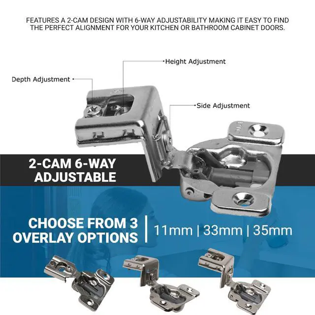 Alt view image 3 of 6 - 100 Pack Hardware 105-Degree Opening Angle 7/16" (11mm) Overlay Screw-On 2-Cam, 6 Way Adjustable Soft-Close Face Frame Cabinet Hinges, Nickel Plated Finish - H8Q045H
