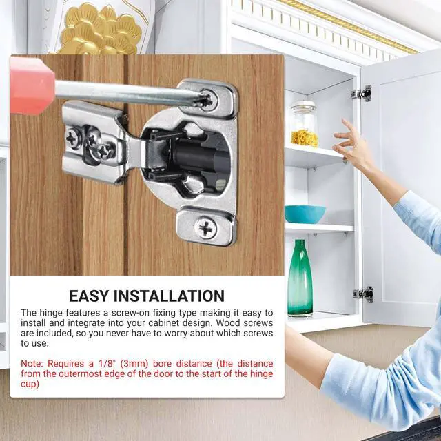 Alt view image 4 of 6 - 100 Pack Hardware 105-Degree Opening Angle 7/16" (11mm) Overlay Screw-On 2-Cam, 6 Way Adjustable Soft-Close Face Frame Cabinet Hinges, Nickel Plated Finish - H8Q045H