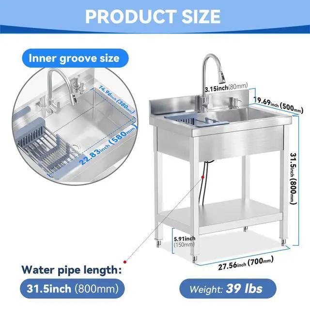 Alt view image 2 of 6 - Stainless Steel Utility Sink, 28"Freestanding Sink with Retractable Cold and Hot Water Faucet,Hoses and Drain Kit for Kitchens, Bathrooms, Garage, Laundry Room,Pet Cleaning