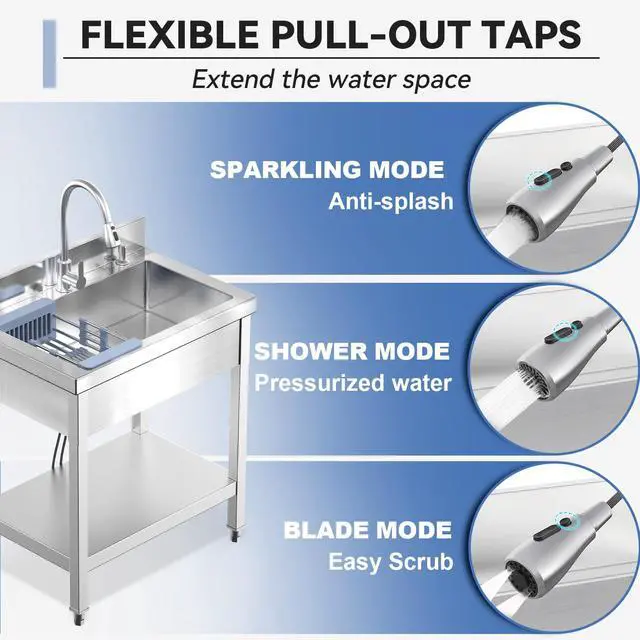 Alt view image 3 of 6 - Stainless Steel Utility Sink, 28"Freestanding Sink with Retractable Cold and Hot Water Faucet,Hoses and Drain Kit for Kitchens, Bathrooms, Garage, Laundry Room,Pet Cleaning