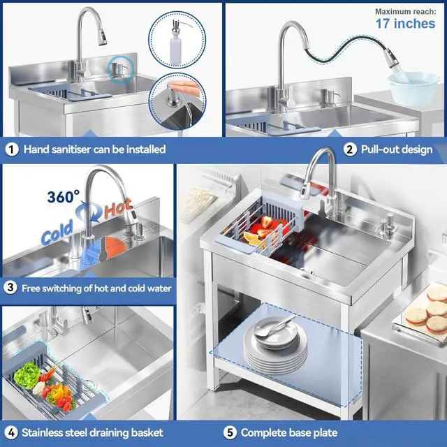 Alt view image 6 of 6 - Stainless Steel Utility Sink, 28"Freestanding Sink with Retractable Cold and Hot Water Faucet,Hoses and Drain Kit for Kitchens, Bathrooms, Garage, Laundry Room,Pet Cleaning