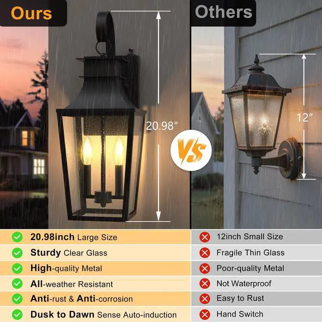 Alt view image 2 of 6 - 20.98-INCH Outdoor Wall Sconce 2-Light, Waterproof Exterior Light Fixtures Wall Mount Outside Light with Glass, Dusk to Dawn Outdoor Wall Lantern for Porch, House, Garage, Black
