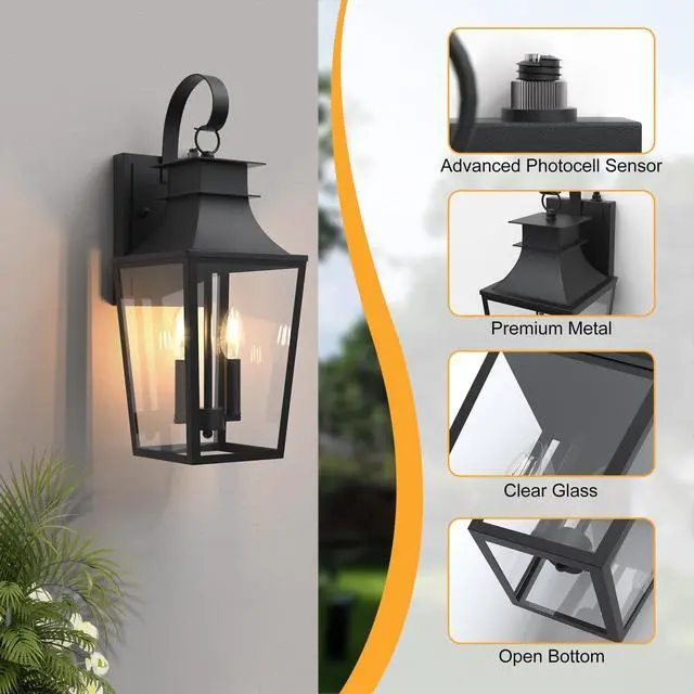 Alt view image 3 of 6 - 20.98-INCH Outdoor Wall Sconce 2-Light, Waterproof Exterior Light Fixtures Wall Mount Outside Light with Glass, Dusk to Dawn Outdoor Wall Lantern for Porch, House, Garage, Black