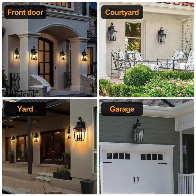 Alt view image 4 of 6 - 20.98-INCH Outdoor Wall Sconce 2-Light, Waterproof Exterior Light Fixtures Wall Mount Outside Light with Glass, Dusk to Dawn Outdoor Wall Lantern for Porch, House, Garage, Black